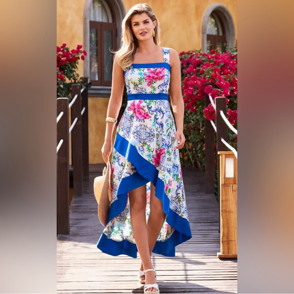 Boston Proper Floral High Low Dress - Blue and Pink